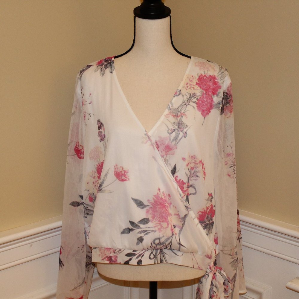 Vintage white/pink floral long flare-sleeve chiffon crossover top with side tie.